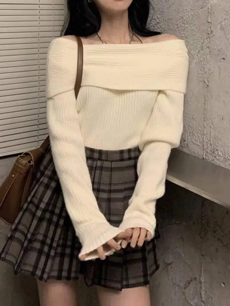 Y2K Off Shoulder Knitted Sweater - Retro Style Grunge Outfit Y2K Off Shoulder Knitted Sweater - Retro Style Grunge Outfit