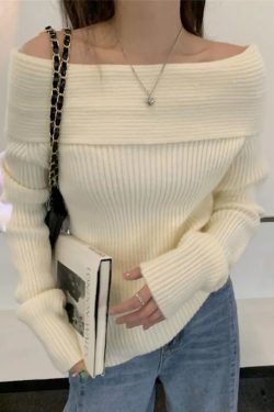 Y2K Off Shoulder Knitted Sweater - Retro Style Grunge Outfit