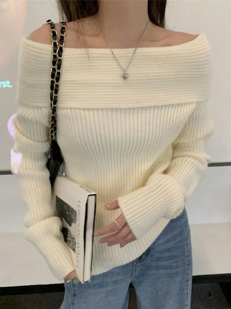Y2K Off Shoulder Knitted Sweater - Retro Style Grunge Outfit Y2K Off Shoulder Knitted Sweater - Retro Style Grunge Outfit