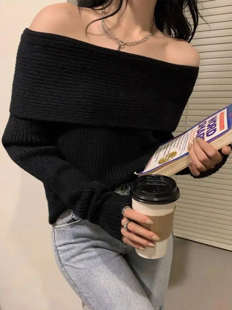 Y2K Off Shoulder Knitted Sweater - Retro Style Grunge Outfit Y2K Off Shoulder Knitted Sweater - Retro Style Grunge Outfit