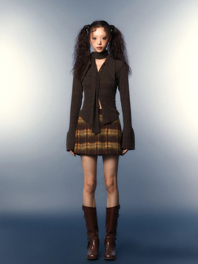 Y2K Retro Chelsea Collar Knitted Cardigan with Scarf Tie Y2K Retro Chelsea Collar Knitted Cardigan with Scarf Tie