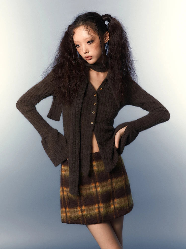 Y2K Retro Chelsea Collar Knitted Cardigan with Scarf Tie Y2K Retro Chelsea Collar Knitted Cardigan with Scarf Tie