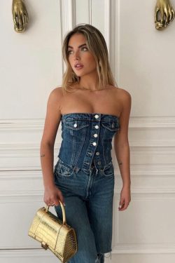 Y2K Retro Cowgirl Button Up Denim Tube Top - Perfect for 90s and Grunge Outfits