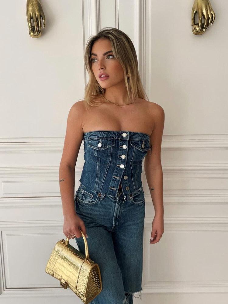 Y2K Retro Cowgirl Button Up Denim Tube Top - Perfect for 90s and Grunge Outfits Y2K Retro Cowgirl Button Up Denim Tube Top - Perfect for 90s and Grunge Outfits