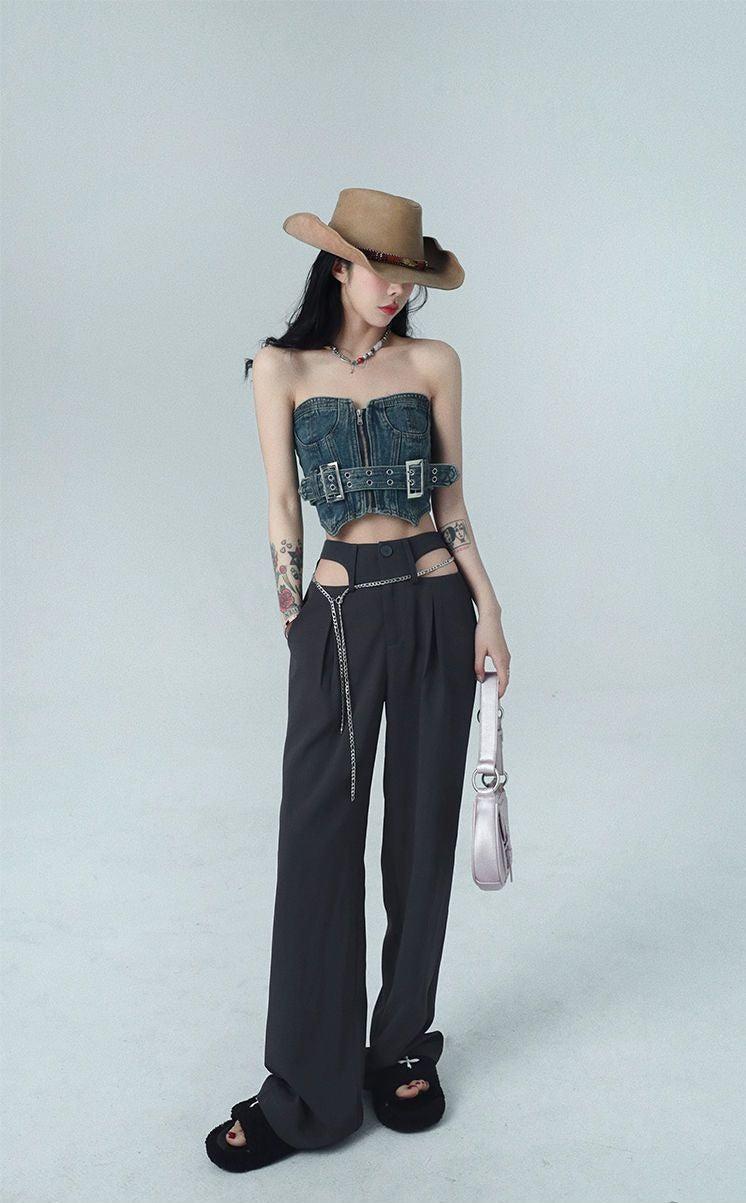Y2K Retro Cowgirl Crop Denim Tube Top - Perfect for 90s and Y2K Summer Outfits