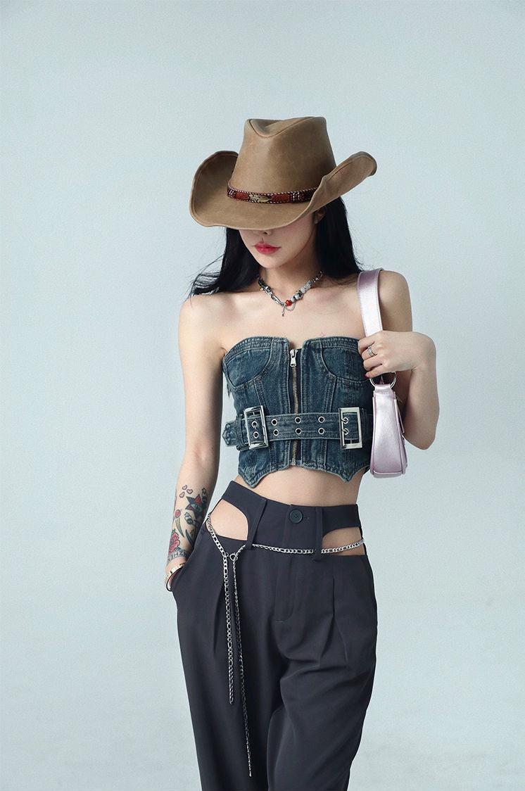 Y2K Retro Cowgirl Crop Denim Tube Top - Perfect for 90s and Y2K Summer Outfits