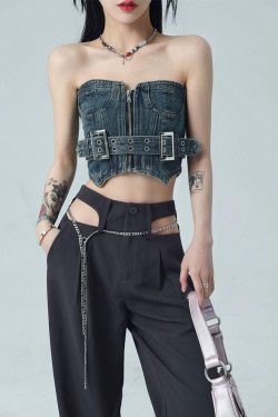Y2K Retro Cowgirl Crop Denim Tube Top - Perfect for 90s and Y2K Summer Outfits