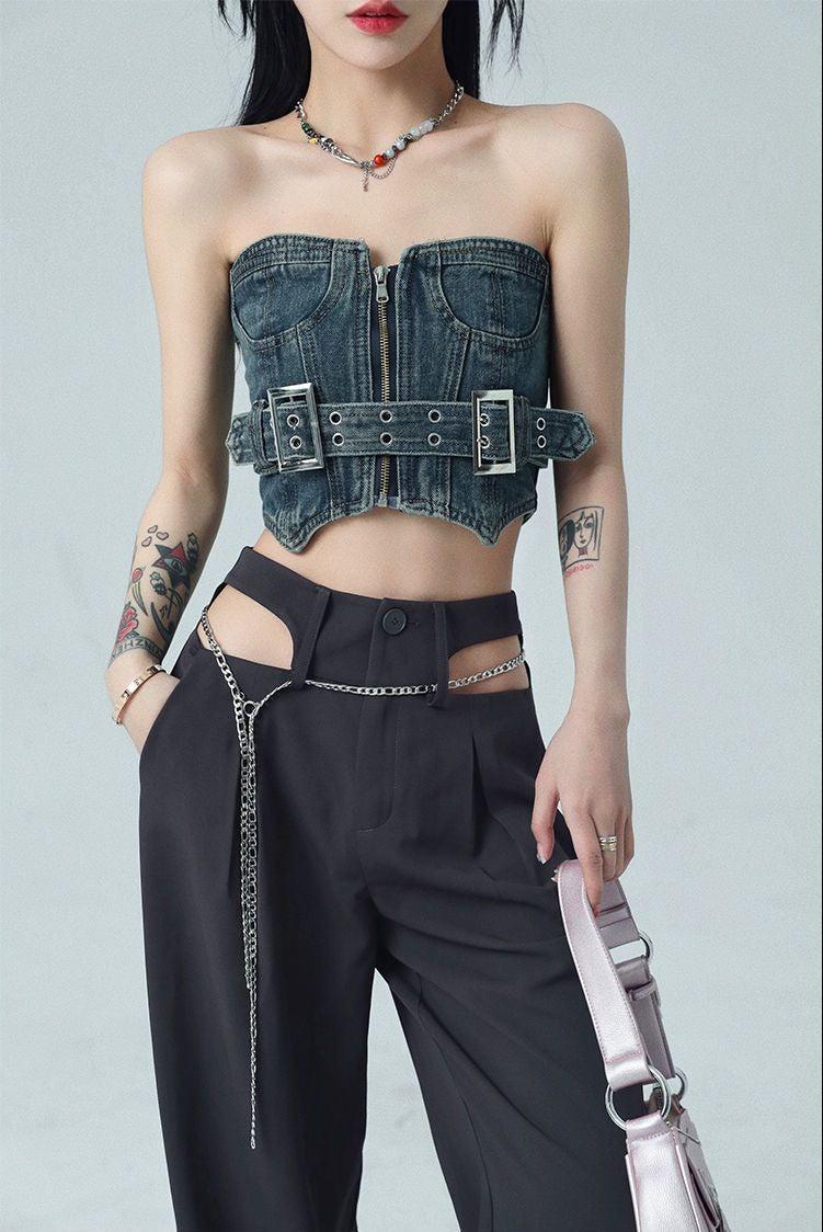 Y2K Retro Cowgirl Crop Denim Tube Top - Perfect for 90s and Y2K Summer Outfits