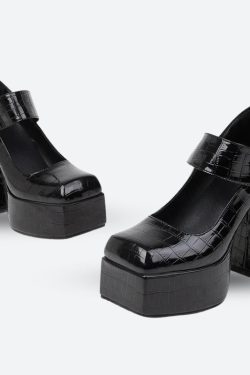 Y2K Retro Crocodile Square Toe Platform High Heels - Perfect for 90s and Grunge Outfits