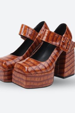 Y2K Retro Crocodile Square Toe Platform High Heels - Perfect for 90s and Grunge Outfits