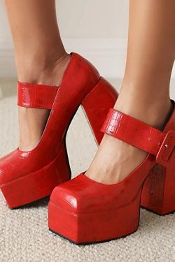 Y2K Retro Crocodile Square Toe Platform High Heels - Perfect for 90s and Grunge Outfits
