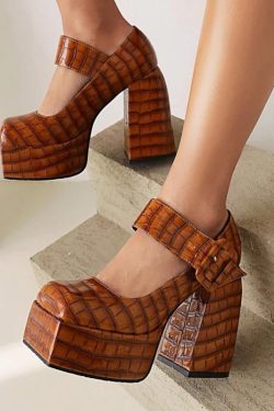 Y2K Retro Crocodile Square Toe Platform High Heels - Perfect for 90s and Grunge Outfits