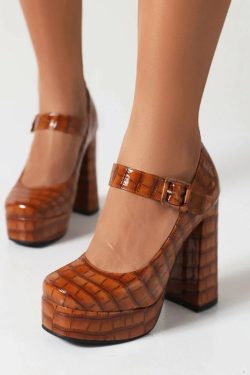 Y2K Retro Crocodile Square Toe Platform High Heels - Perfect for 90s and Grunge Outfits