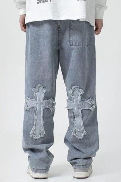 Y2K Retro Cross Patchwork Baggy Jeans - Perfect for 90s and Grunge Outfits