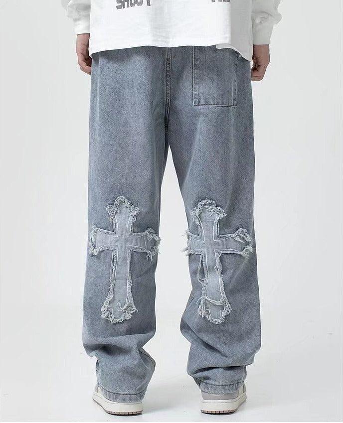 Y2K Retro Cross Patchwork Baggy Jeans - Perfect for 90s and Grunge Outfits