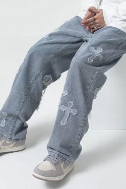 Y2K Retro Cross Patchwork Baggy Jeans - Perfect for 90s and Grunge Outfits