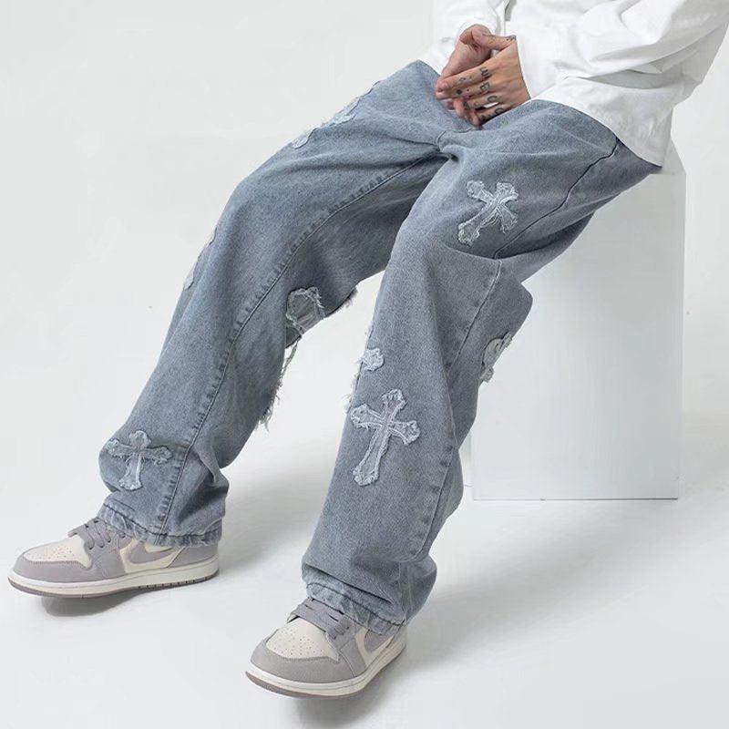 Y2K Retro Cross Patchwork Baggy Jeans - Perfect for 90s and Grunge Outfits