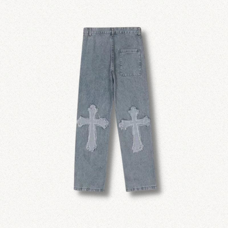 Y2K Retro Cross Patchwork Baggy Jeans - Perfect for 90s and Grunge Outfits