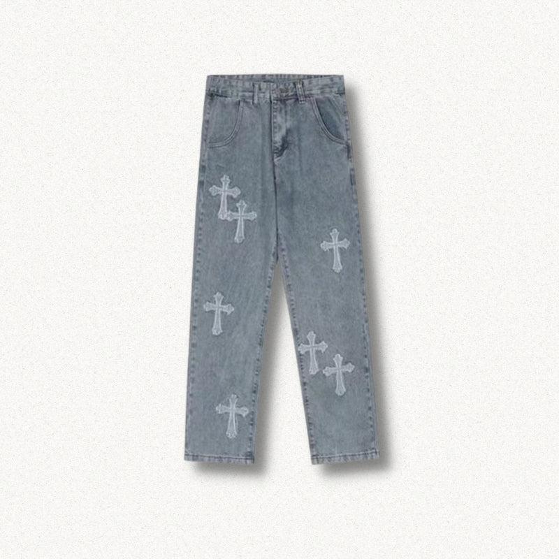 Y2K Retro Cross Patchwork Baggy Jeans - Perfect for 90s and Grunge Outfits