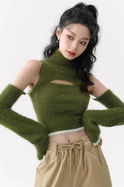 Y2K Retro Cut Out Fluffy Crop Sweater Top - Perfect for 90s and Grunge Outfits