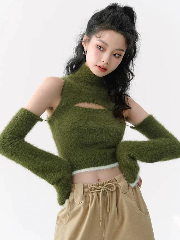 Y2K Retro Cut Out Fluffy Crop Sweater Top - Perfect for 90s and Grunge Outfits Y2K Retro Cut Out Fluffy Crop Sweater Top - Perfect for 90s and Grunge Outfits
