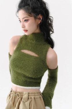Y2K Retro Cut Out Fluffy Crop Sweater Top - Perfect for 90s and Grunge Outfits