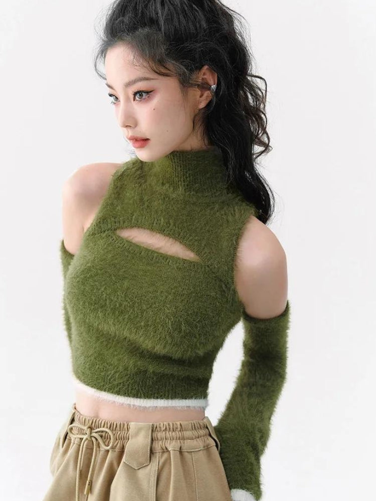 Y2K Retro Cut Out Fluffy Crop Sweater Top - Perfect for 90s and Grunge Outfits Y2K Retro Cut Out Fluffy Crop Sweater Top - Perfect for 90s and Grunge Outfits