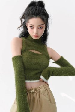 Y2K Retro Cut Out Fluffy Crop Sweater Top - Perfect for 90s and Grunge Outfits