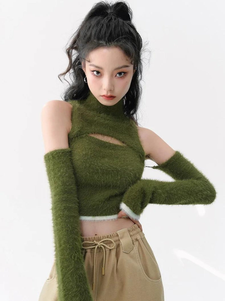 Y2K Retro Cut Out Fluffy Crop Sweater Top - Perfect for 90s and Grunge Outfits Y2K Retro Cut Out Fluffy Crop Sweater Top - Perfect for 90s and Grunge Outfits