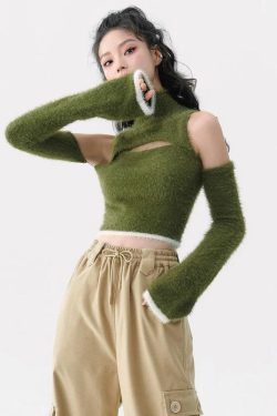 Y2K Retro Cut Out Fluffy Crop Sweater Top - Perfect for 90s and Grunge Outfits