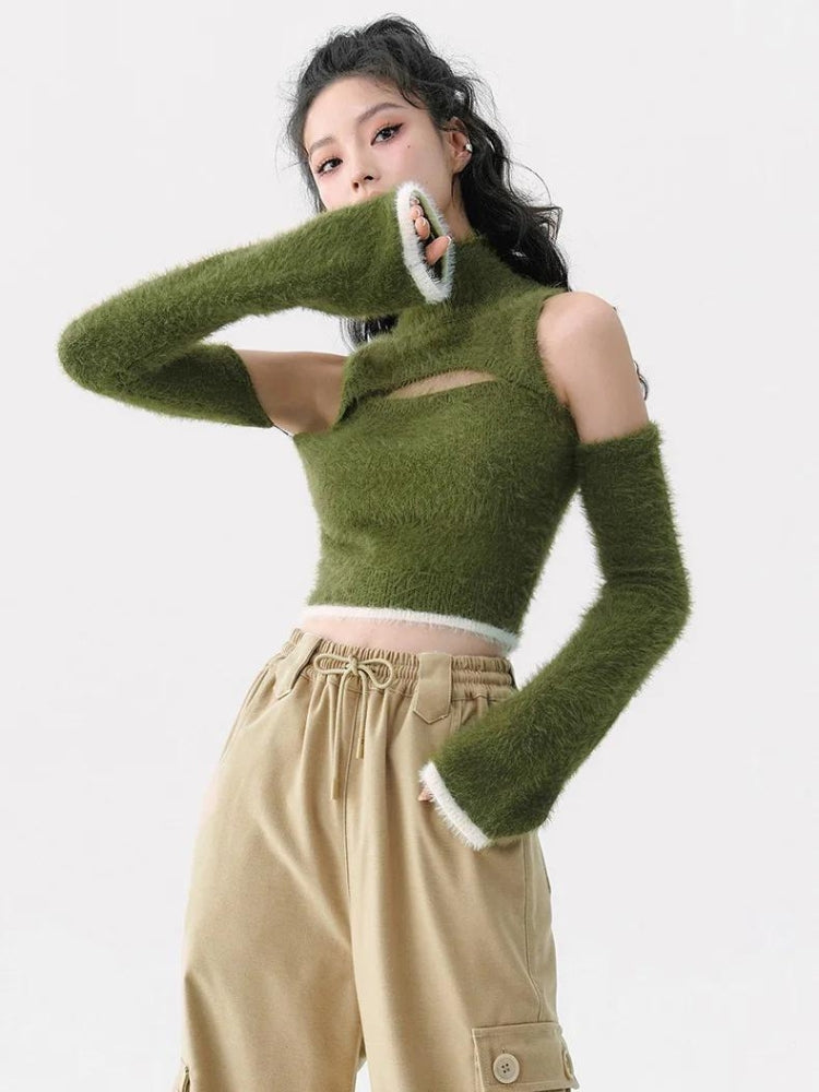 Y2K Retro Cut Out Fluffy Crop Sweater Top - Perfect for 90s and Grunge Outfits Y2K Retro Cut Out Fluffy Crop Sweater Top - Perfect for 90s and Grunge Outfits