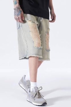 Y2K Retro Distressed Light Wash Denim Shorts - Perfect for 90s and Grunge Outfits