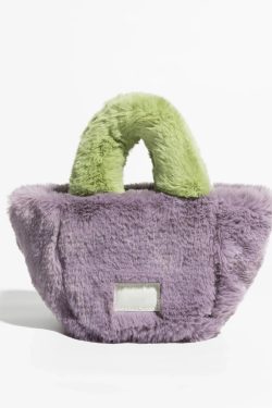 Y2K Retro Fluffy Faux Fur Basket Handbag - Perfect for 90s and Y2K Fashion Outfits