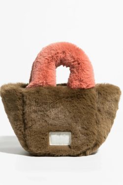 Y2K Retro Fluffy Faux Fur Basket Handbag - Perfect for 90s and Y2K Fashion Outfits