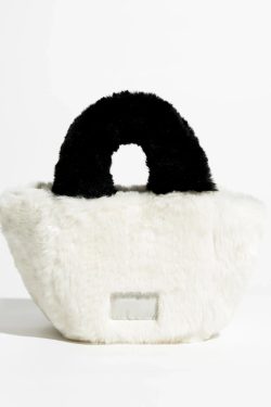 Y2K Retro Fluffy Faux Fur Basket Handbag - Perfect for 90s and Y2K Fashion Outfits