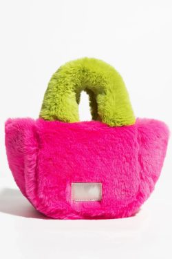 Y2K Retro Fluffy Faux Fur Basket Handbag - Perfect for 90s and Y2K Fashion Outfits
