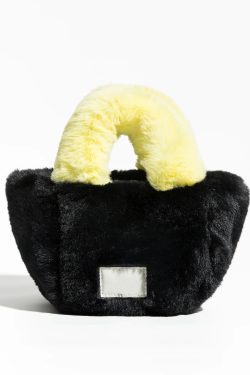Y2K Retro Fluffy Faux Fur Basket Handbag - Perfect for 90s and Y2K Fashion Outfits