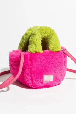 Y2K Retro Fluffy Faux Fur Basket Handbag - Perfect for 90s and Y2K Fashion Outfits