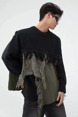 Y2K Retro Fringe Patchwork Knitted Sweater - Perfect for 90s and Grunge Outfits