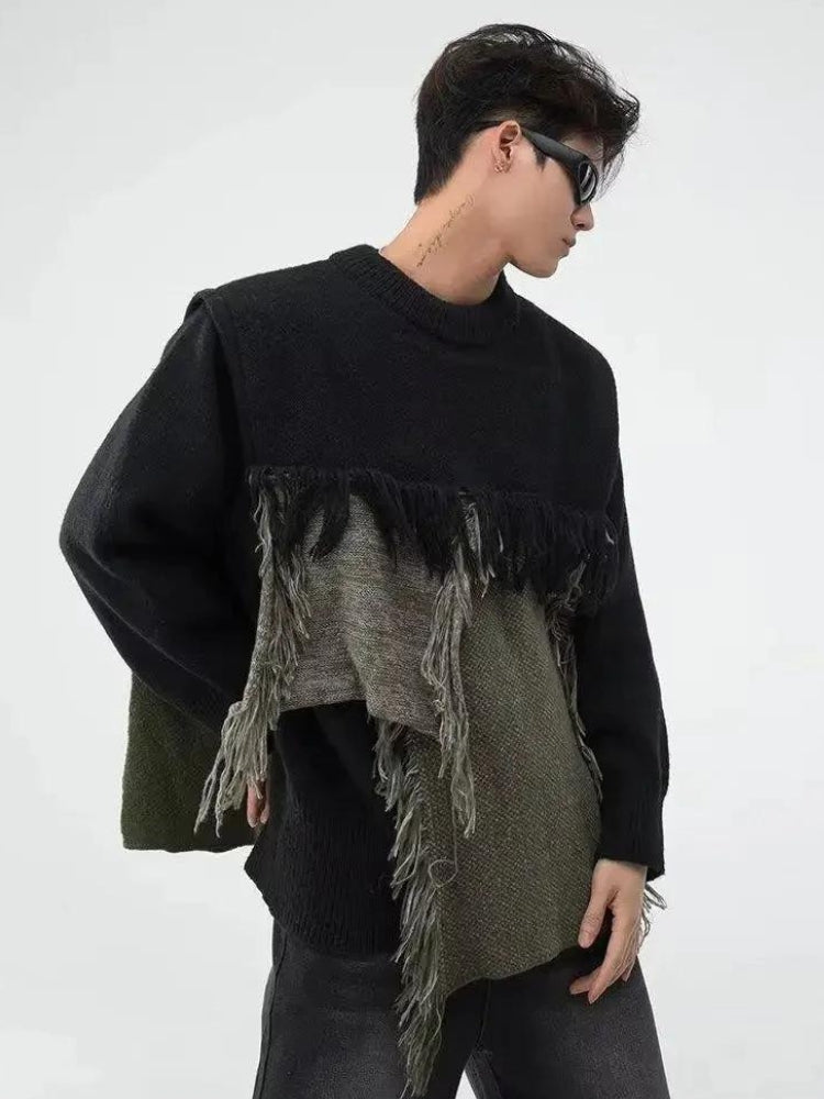 Y2K Retro Fringe Patchwork Knitted Sweater - Perfect for 90s and Grunge Outfits Y2K Retro Fringe Patchwork Knitted Sweater - Perfect for 90s and Grunge Outfits