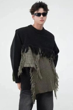 Y2K Retro Fringe Patchwork Knitted Sweater - Perfect for 90s and Grunge Outfits