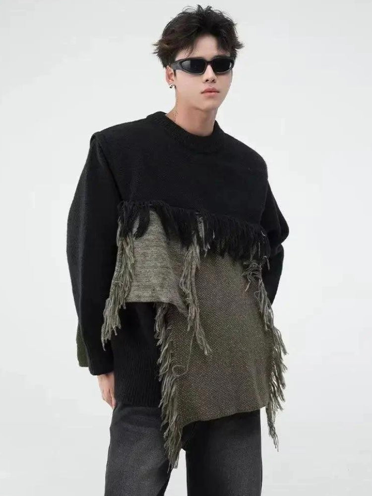 Y2K Retro Fringe Patchwork Knitted Sweater - Perfect for 90s and Grunge Outfits Y2K Retro Fringe Patchwork Knitted Sweater - Perfect for 90s and Grunge Outfits