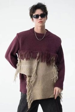 Y2K Retro Fringe Patchwork Knitted Sweater - Perfect for 90s and Grunge Outfits