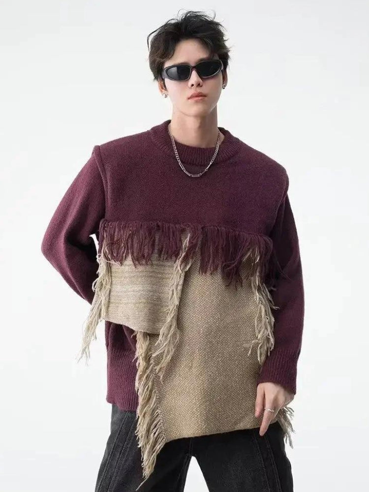 Y2K Retro Fringe Patchwork Knitted Sweater - Perfect for 90s and Grunge Outfits Y2K Retro Fringe Patchwork Knitted Sweater - Perfect for 90s and Grunge Outfits