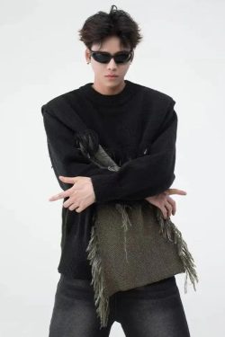 Y2K Retro Fringe Patchwork Knitted Sweater - Perfect for 90s and Grunge Outfits