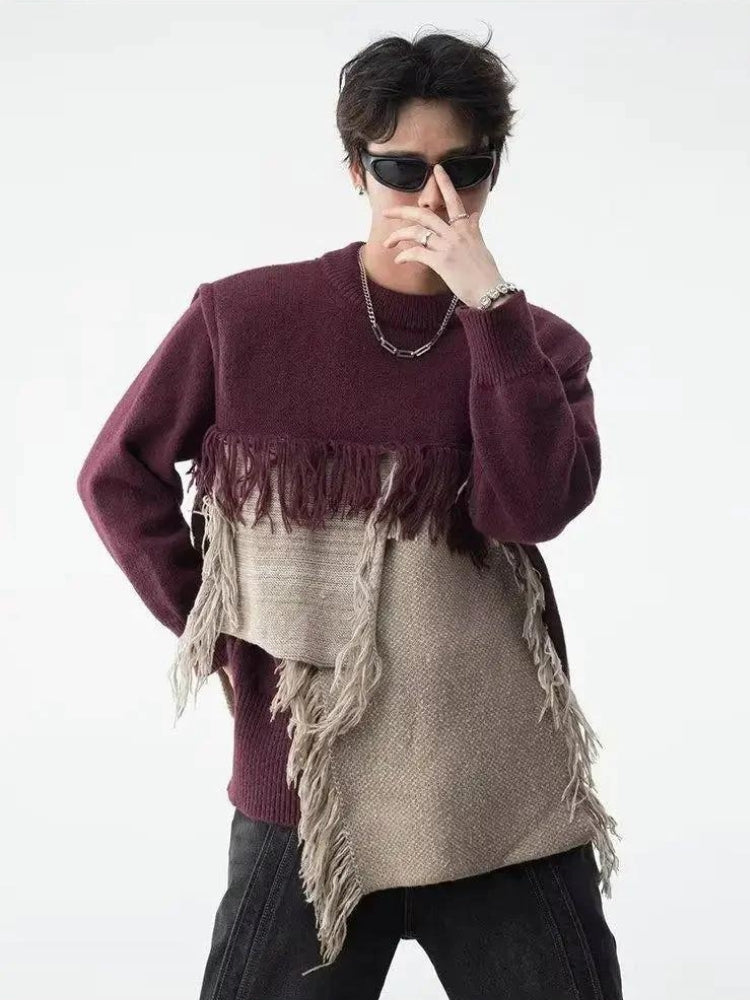 Y2K Retro Fringe Patchwork Knitted Sweater - Perfect for 90s and Grunge Outfits Y2K Retro Fringe Patchwork Knitted Sweater - Perfect for 90s and Grunge Outfits