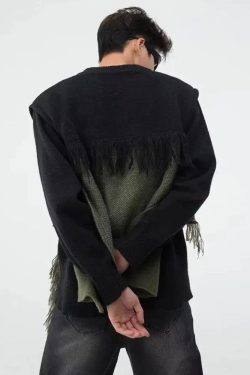 Y2K Retro Fringe Patchwork Knitted Sweater - Perfect for 90s and Grunge Outfits
