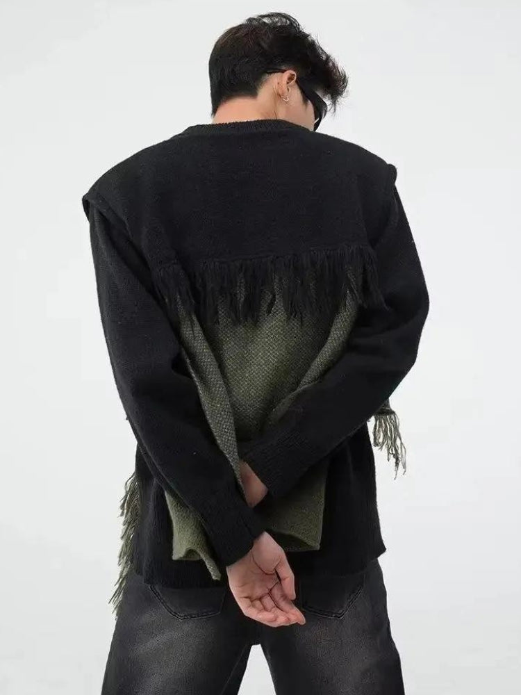 Y2K Retro Fringe Patchwork Knitted Sweater - Perfect for 90s and Grunge Outfits Y2K Retro Fringe Patchwork Knitted Sweater - Perfect for 90s and Grunge Outfits