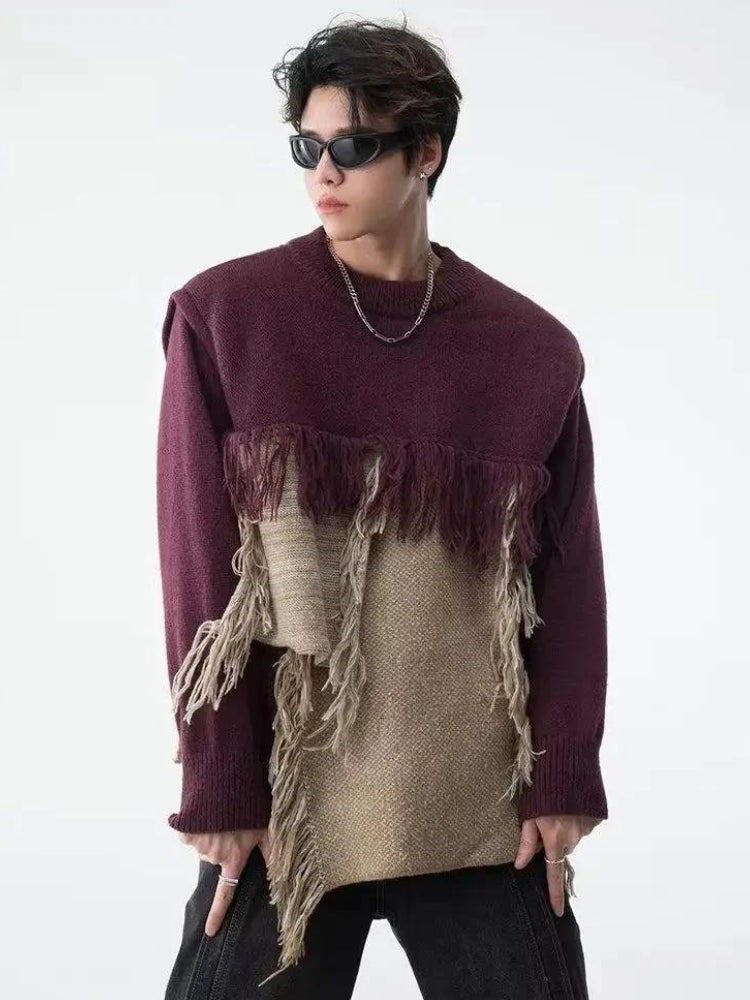 Y2K Retro Fringe Patchwork Knitted Sweater - Perfect for 90s and Grunge Outfits Y2K Retro Fringe Patchwork Knitted Sweater - Perfect for 90s and Grunge Outfits