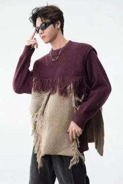 Y2K Retro Fringe Patchwork Knitted Sweater - Perfect for 90s and Grunge Outfits